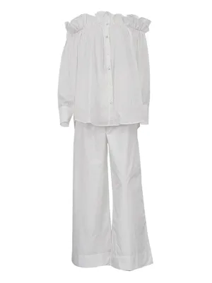 Loose Puff Sleeves Pleated Solid Color Off-The-Shoulder Blouse   Pants Trousers Elasticity Two Pieces Set