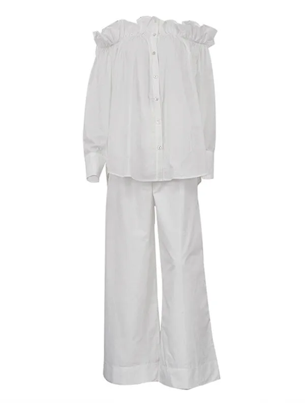 Loose Puff Sleeves Pleated Solid Color Off-The-Shoulder Blouse   Pants Trousers Elasticity Two Pieces Set