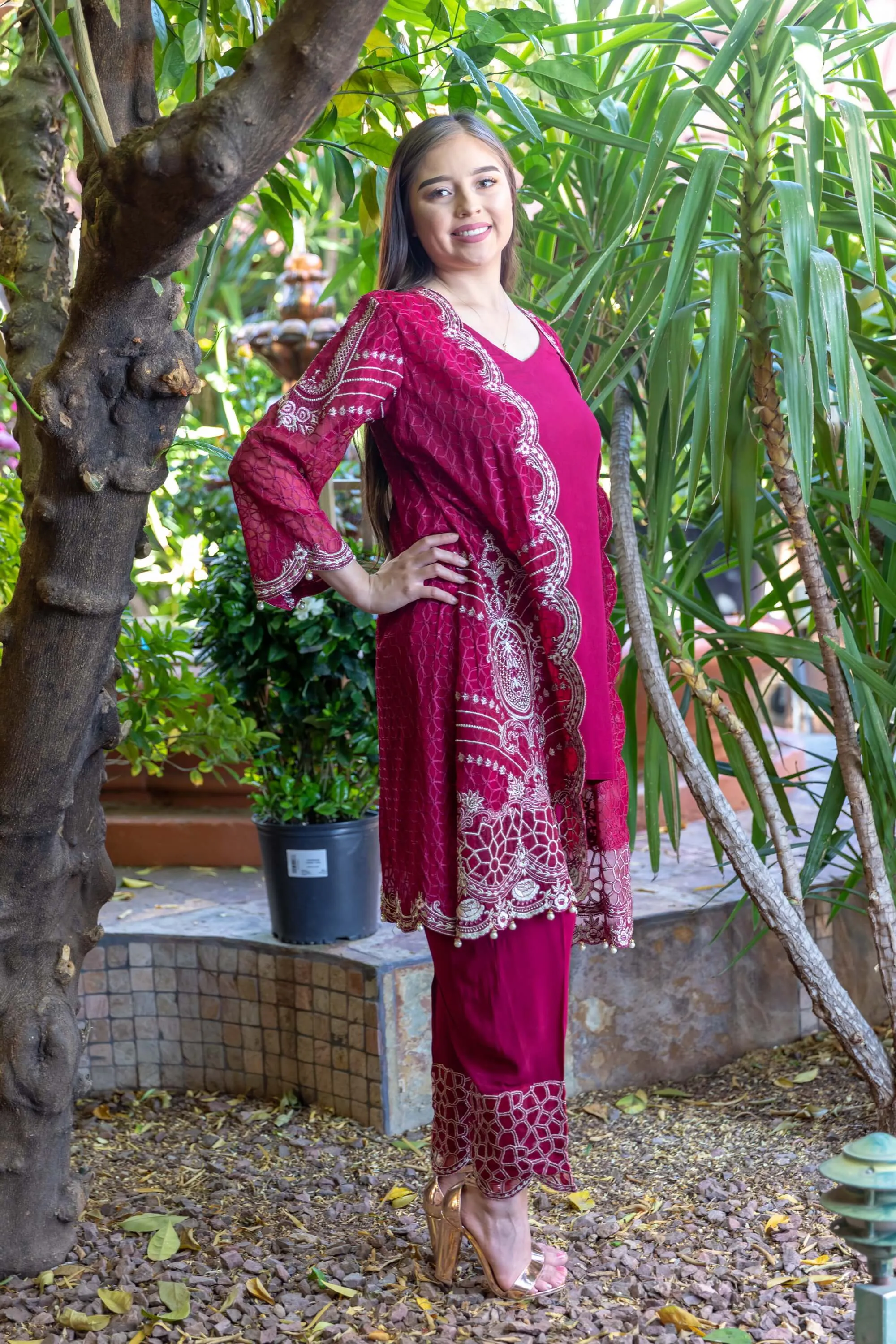 Magenta Salwar-Kameez Chiffon and Silk Suit