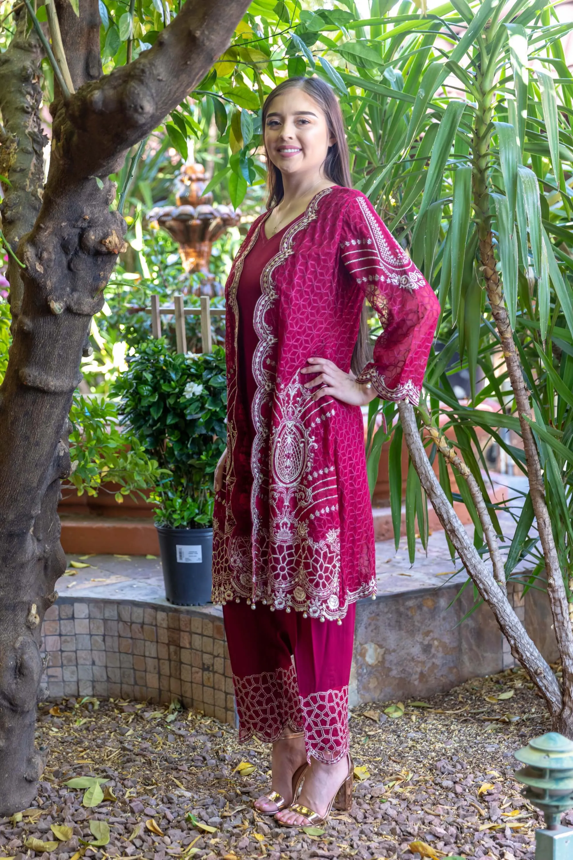 Magenta Salwar-Kameez Chiffon and Silk Suit