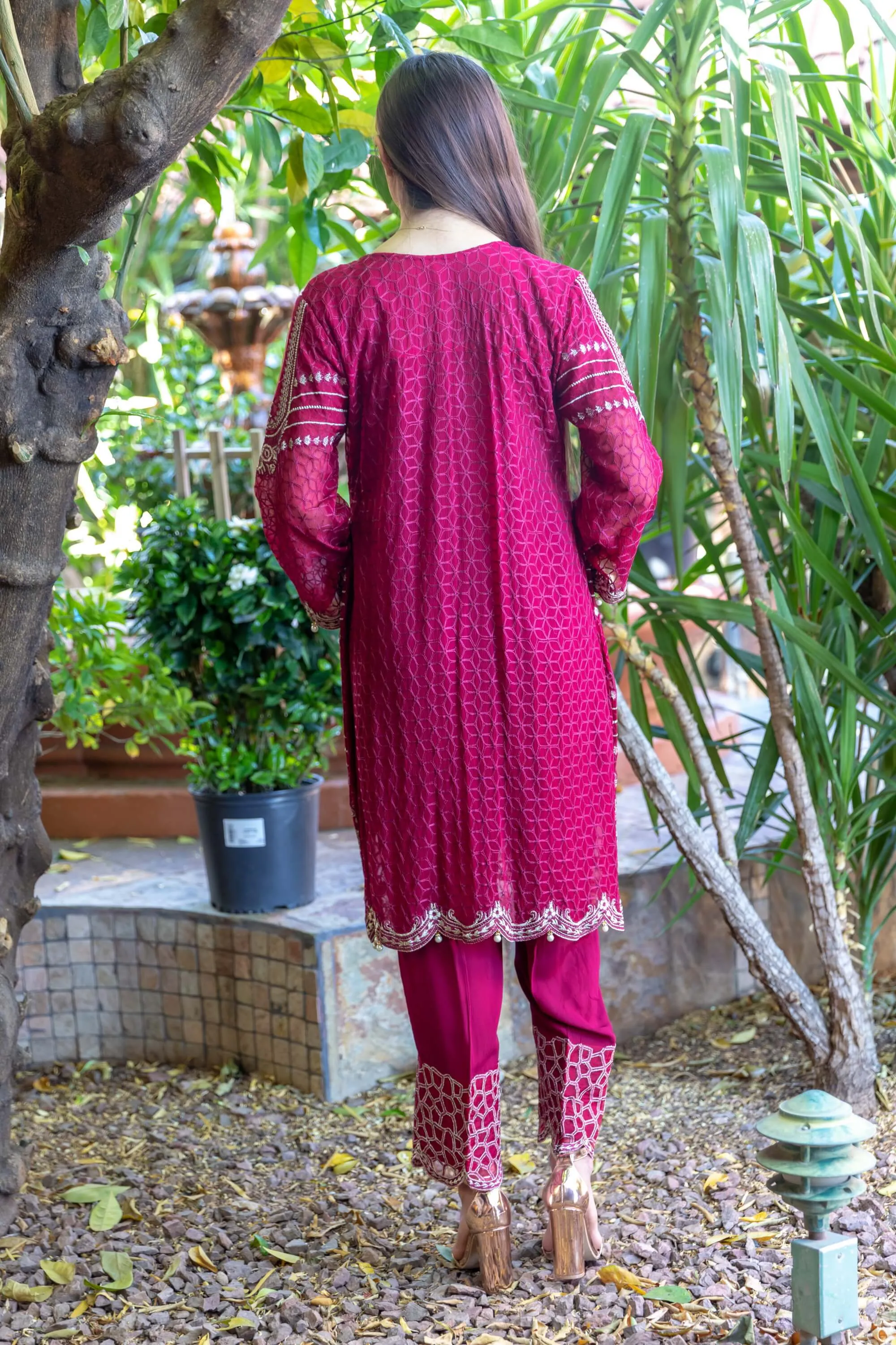 Magenta Salwar-Kameez Chiffon and Silk Suit