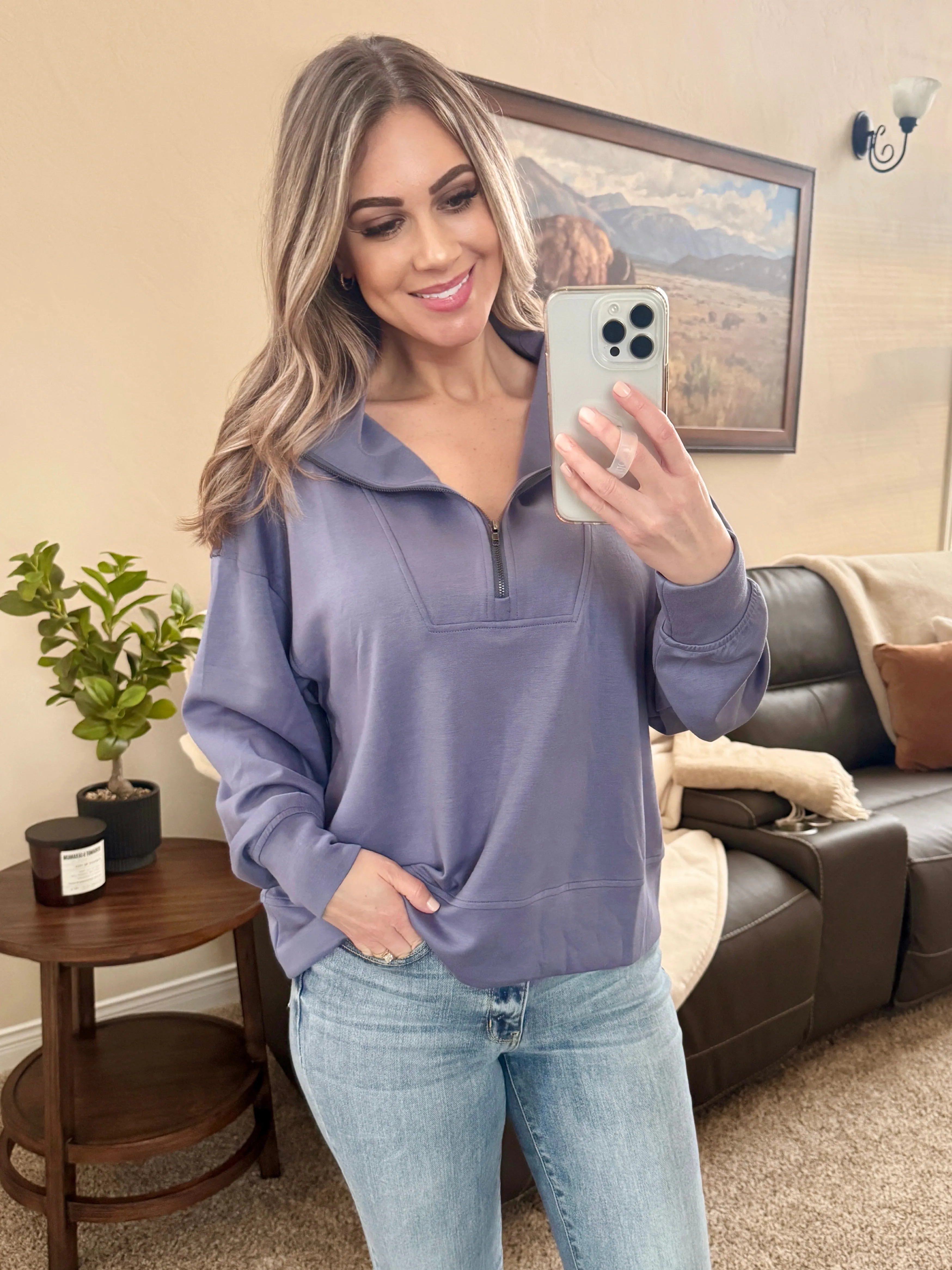 Marshmallow Quarter Zip Pullover in Periwinkle