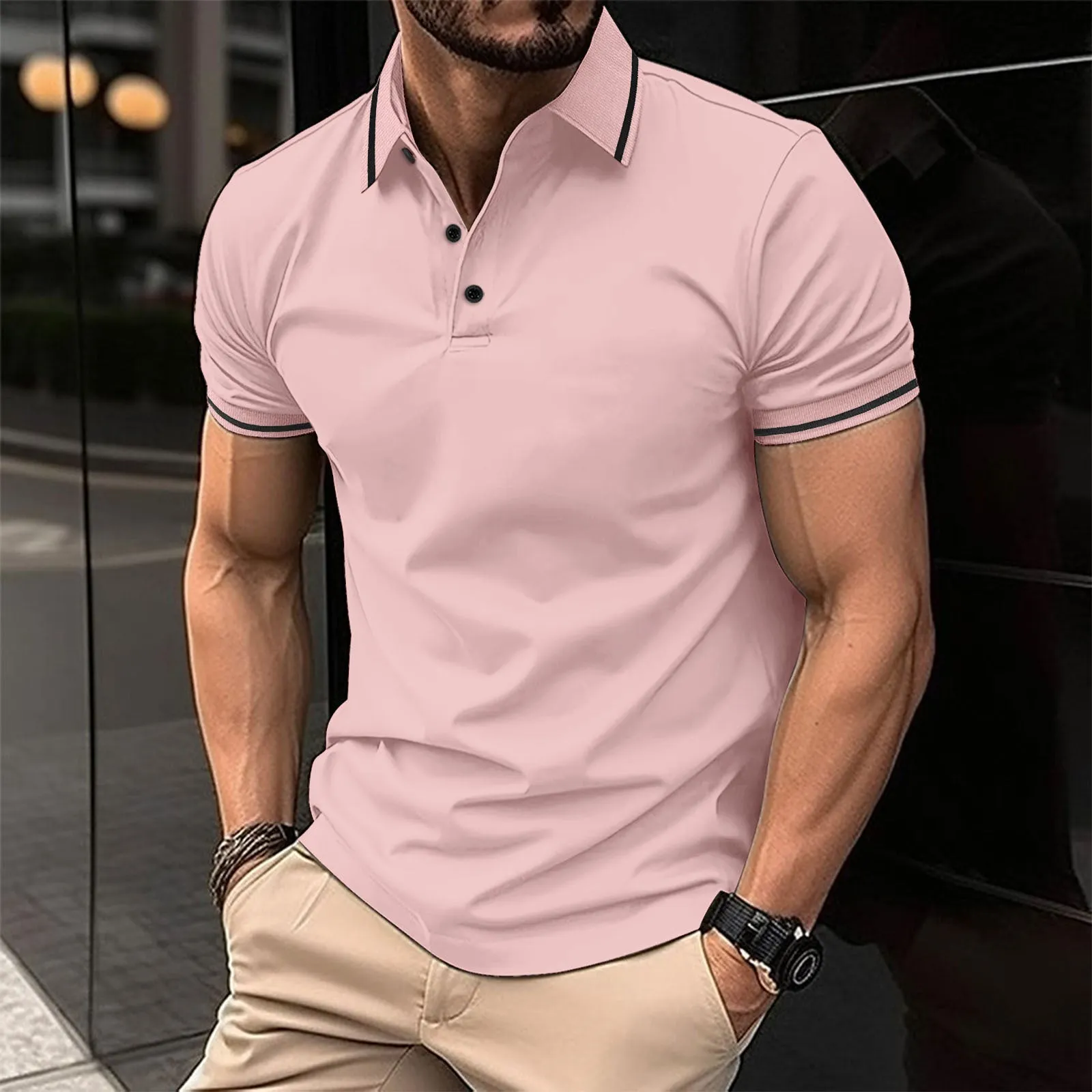 Men's Solid Color Buttoned Ribbed Collar Short Sleeve Polo Shirt