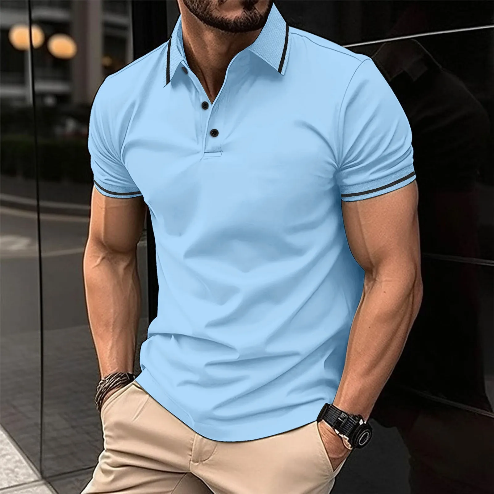 Men's Solid Color Buttoned Ribbed Collar Short Sleeve Polo Shirt