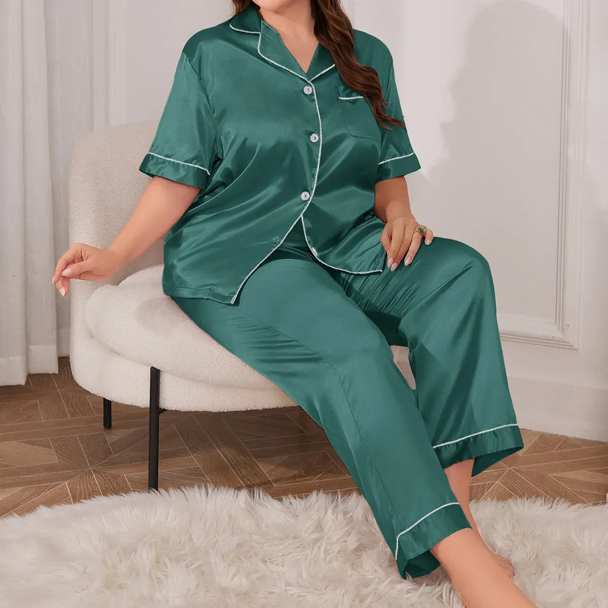 Moonlit Harmony Satin Button-Down Lounge Pants Set