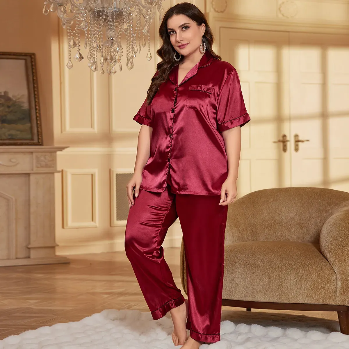 Moonlit Harmony Satin Button-Down Lounge Pants Set