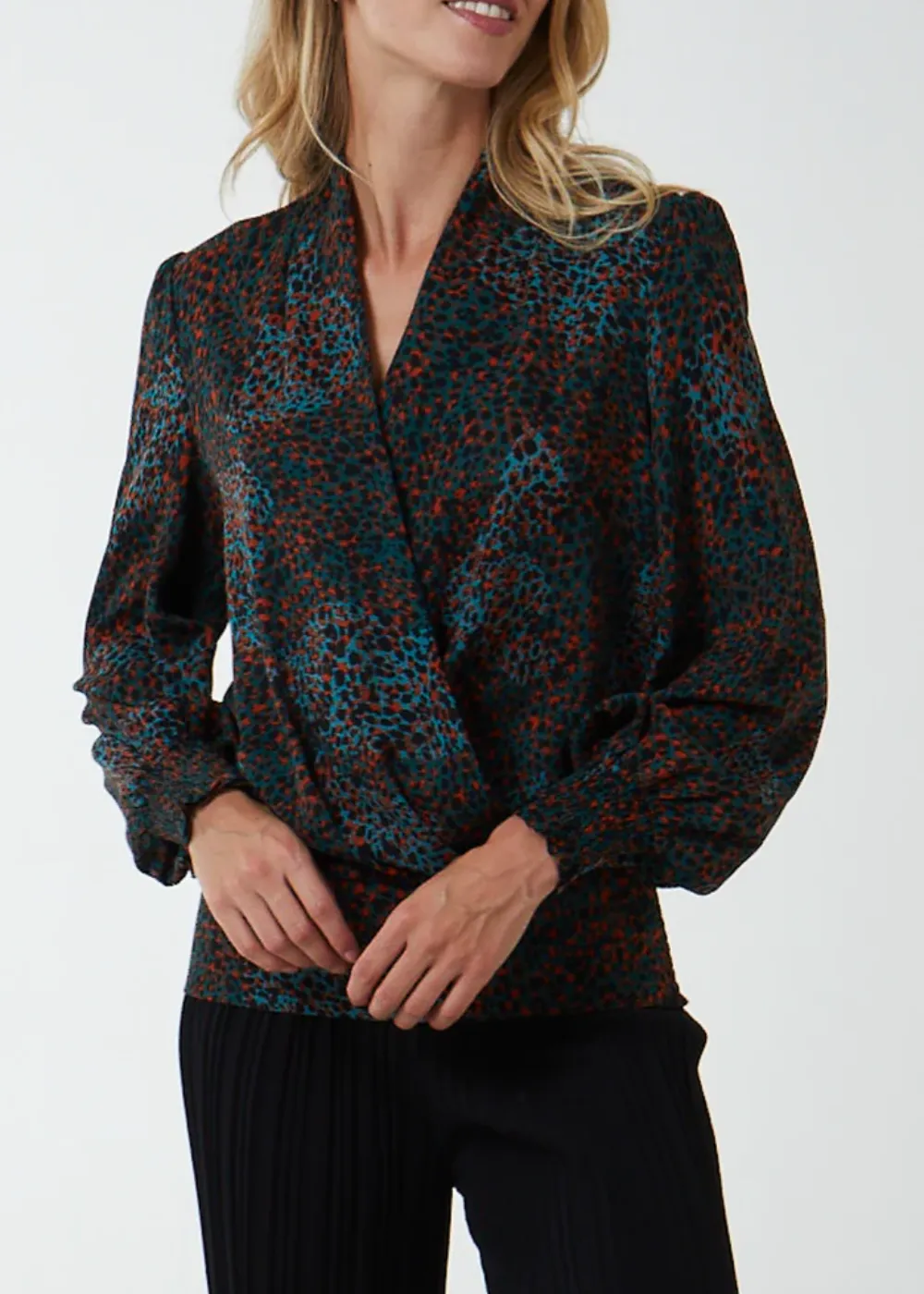 Multi Abstract Animal Print Wrap Blouse