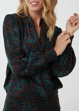 Multi Abstract Animal Print Wrap Blouse