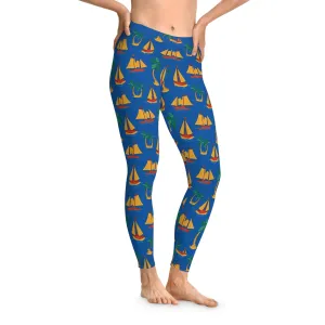 Nautical Paradise Stretchy Leggings - Tropical Sailboat and Palm Tree Design