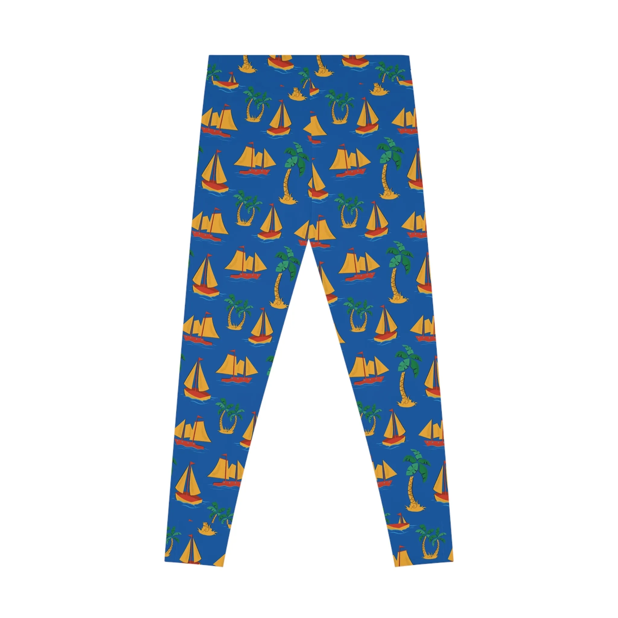 Nautical Paradise Stretchy Leggings - Tropical Sailboat and Palm Tree Design