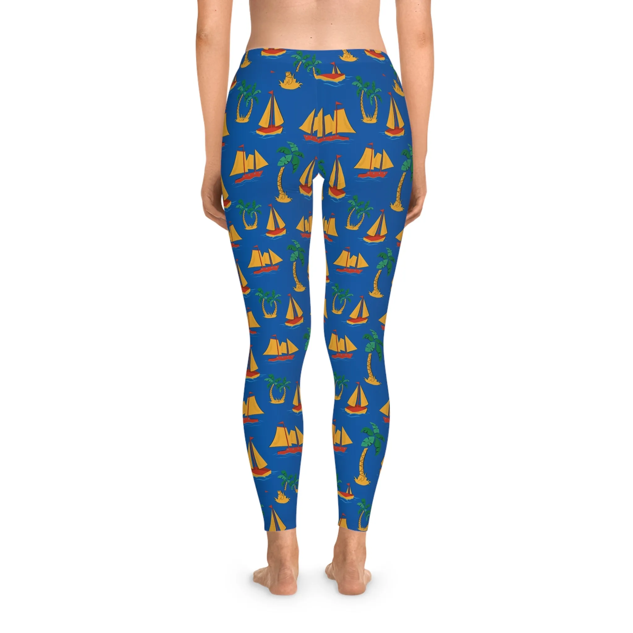Nautical Paradise Stretchy Leggings - Tropical Sailboat and Palm Tree Design