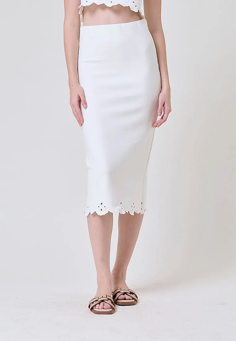 Nicole White Embroidered  High Waist Knit Midi Skirt