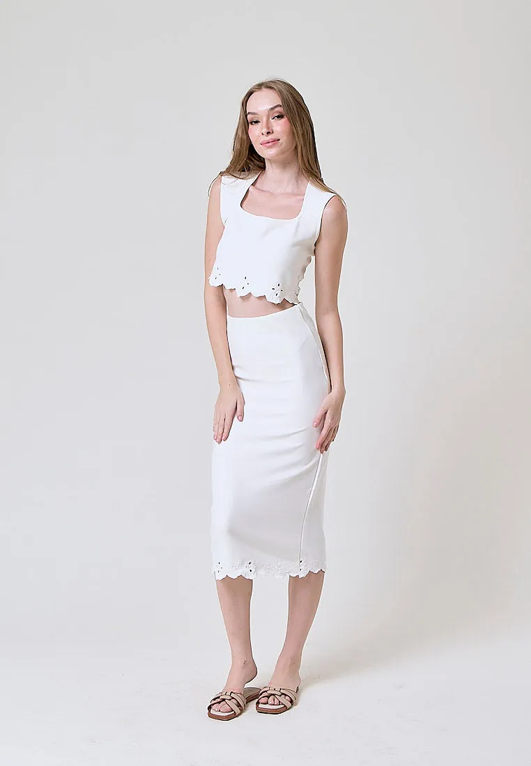 Nicole White Embroidered  High Waist Knit Midi Skirt