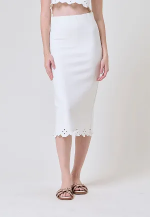 Nicole White Embroidered  High Waist Knit Midi Skirt