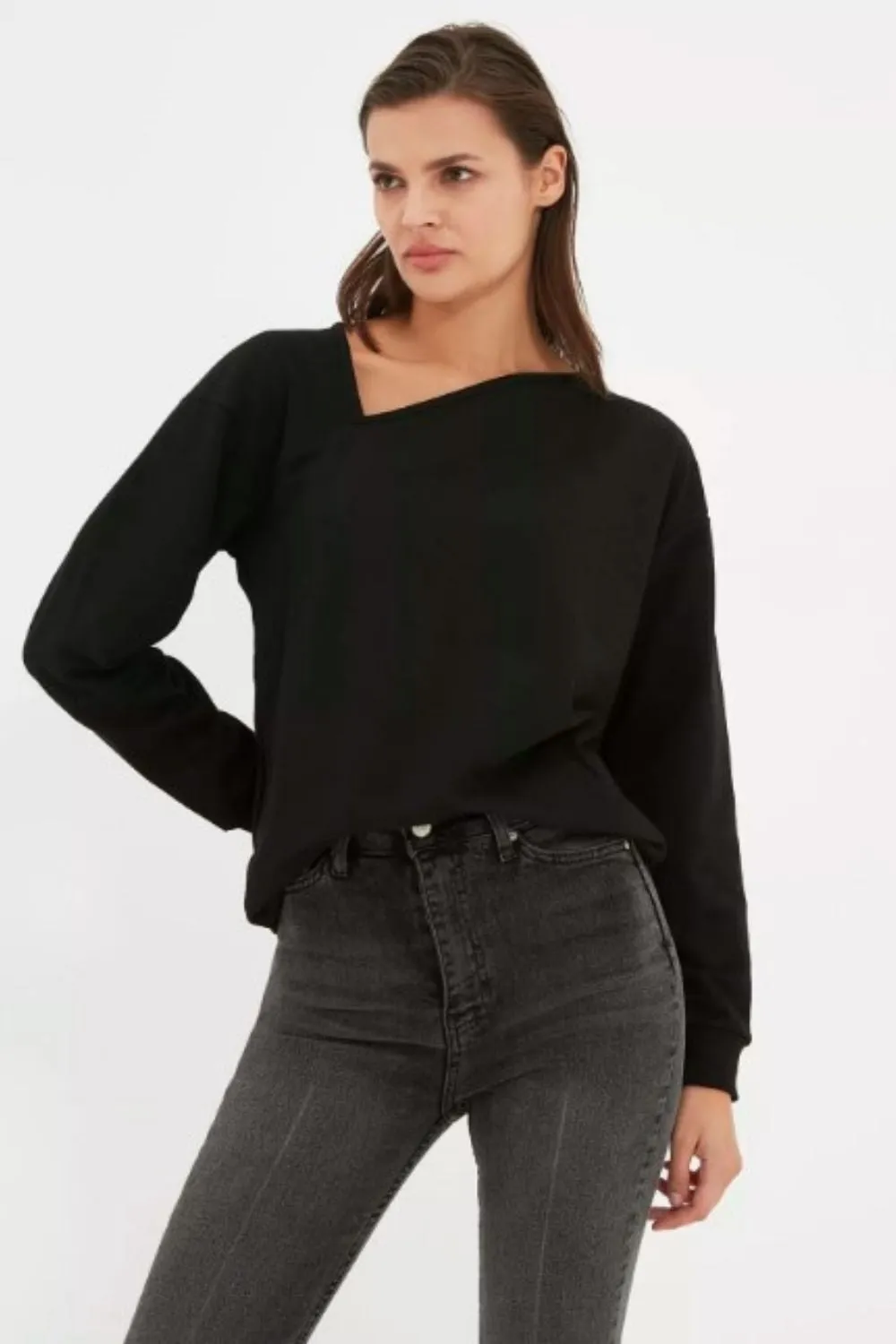 No Worries Asymmetric Neckline Relaxed Black Top