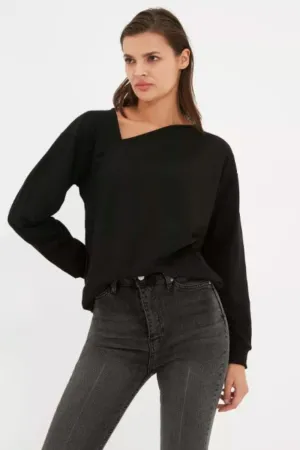 No Worries Asymmetric Neckline Relaxed Black Top
