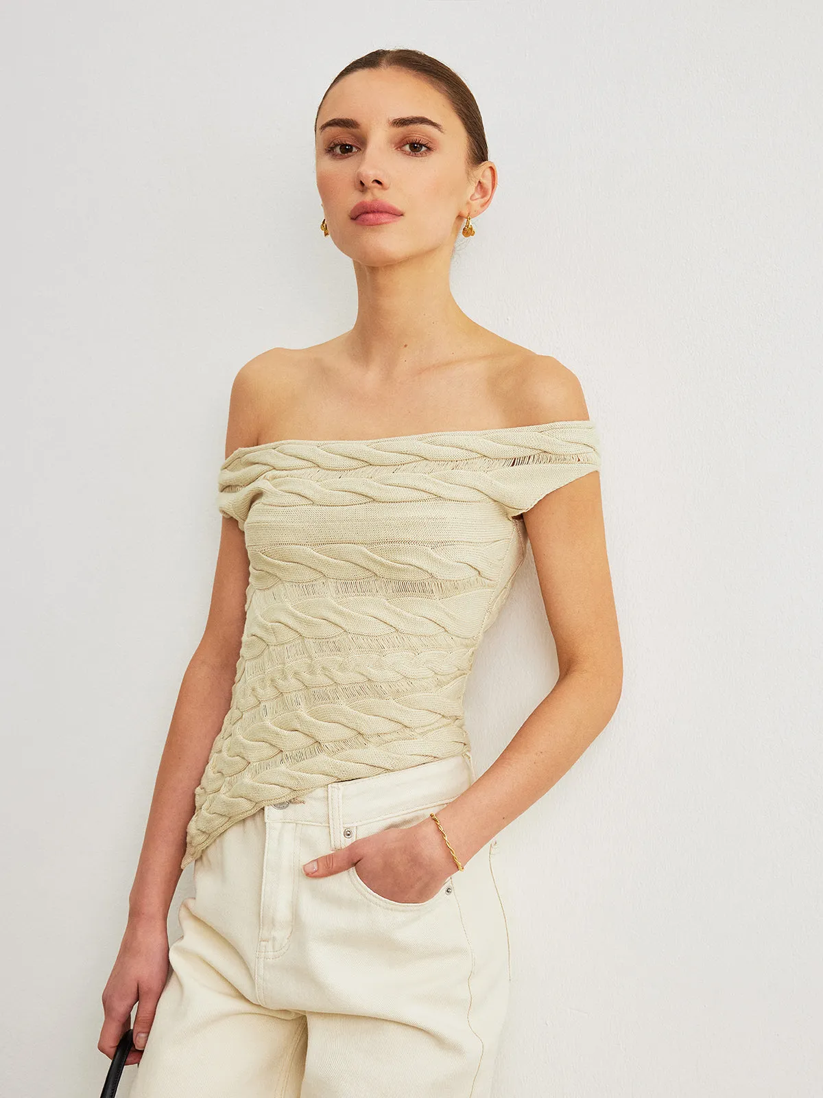 Off-Shoulder Cable Knit Top
