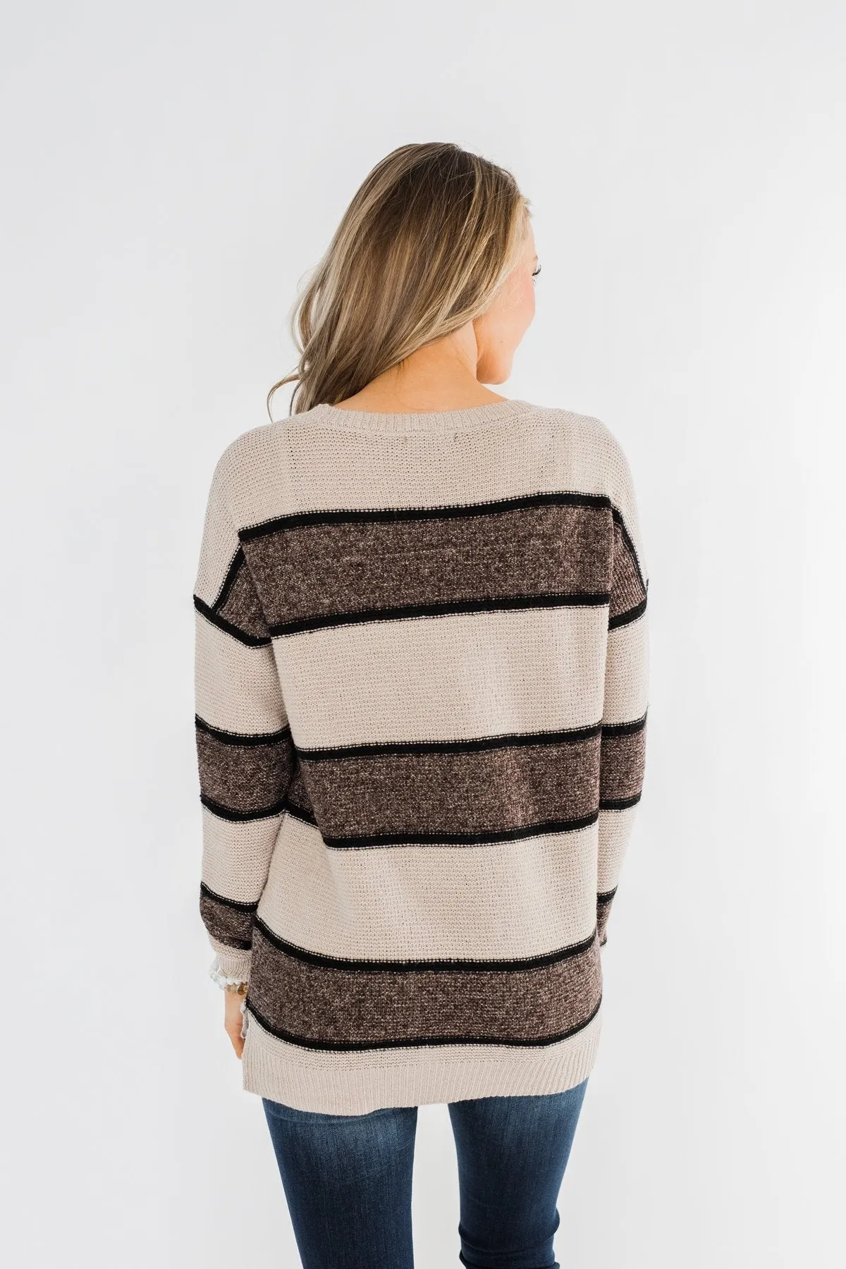 Oh So Soft Striped Knit Sweater- Mocha