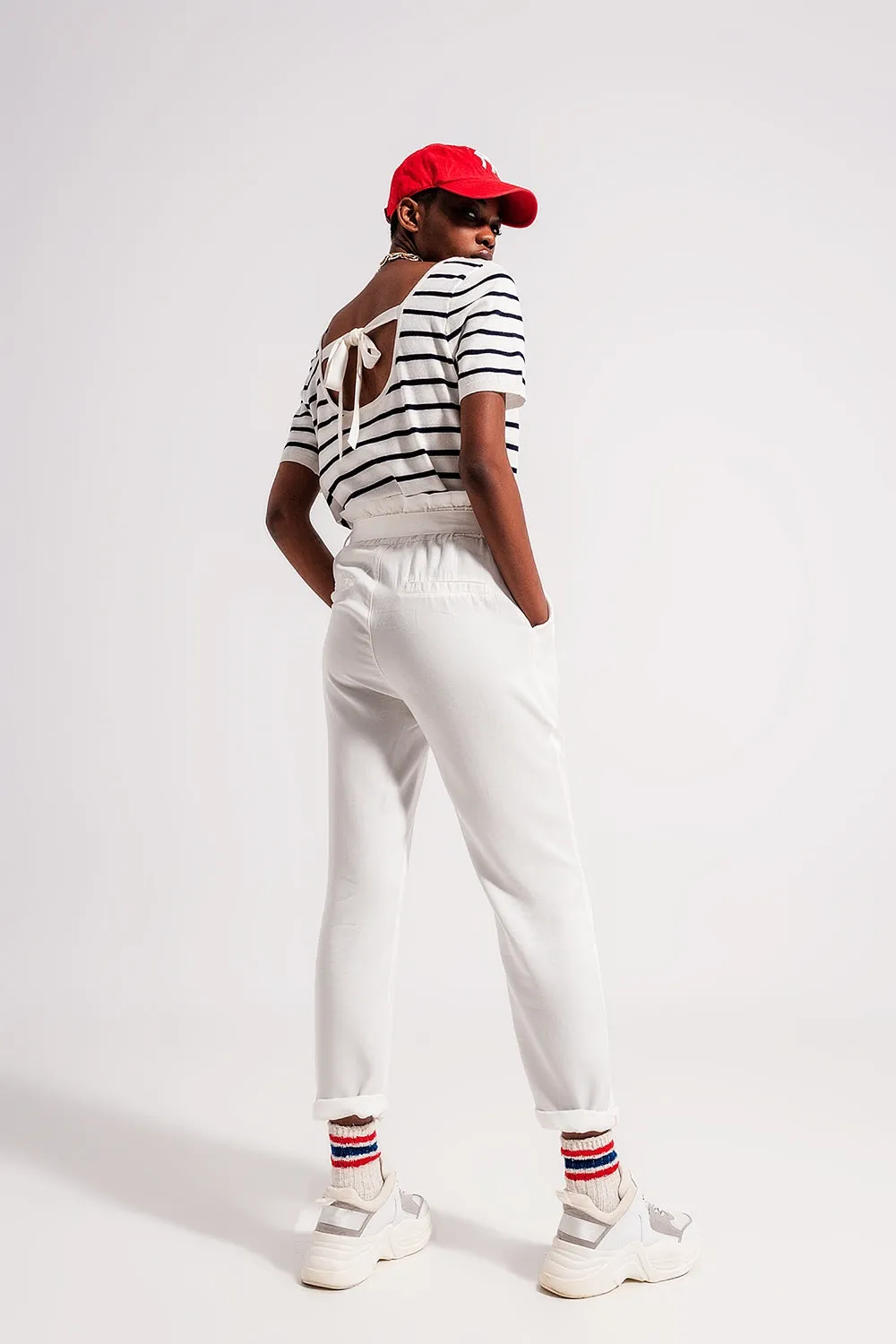 Open back lace up stripes jumper in navy