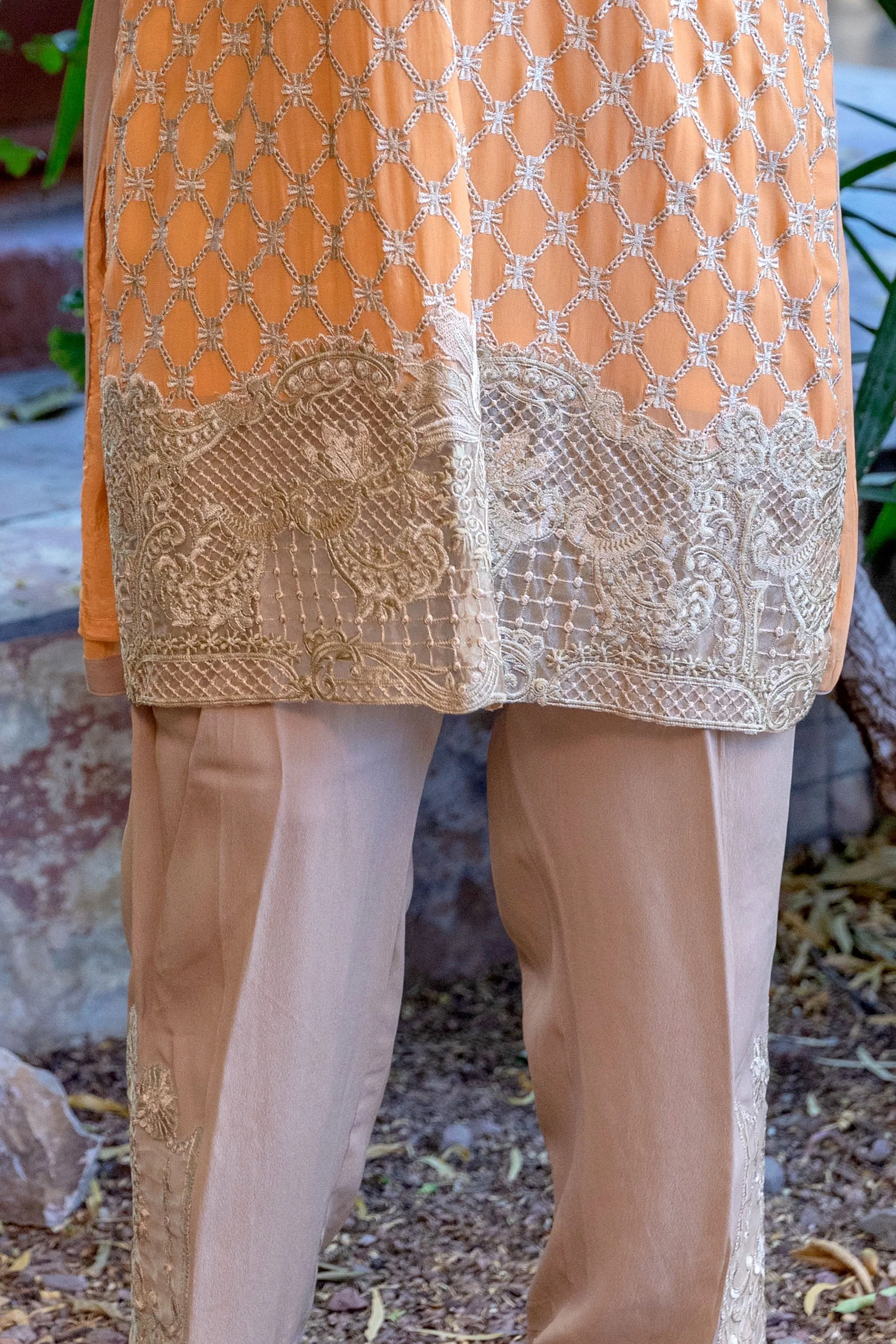 Orange Chiffon Salwar Kameez Suit with Gold Embroidery