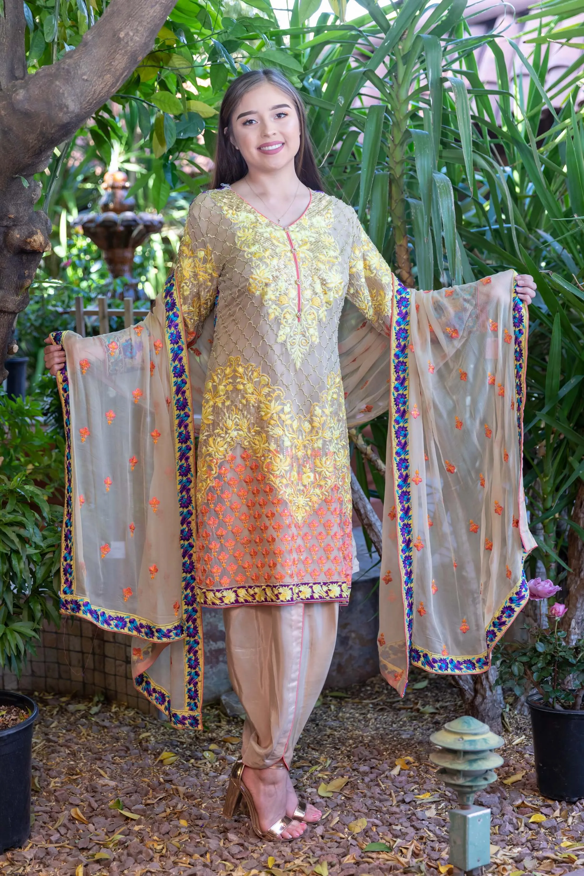 Peach-Yellow Embroidery Beige Suit with Silk Pants & Chiffon Dupatta