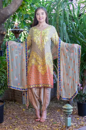 Peach-Yellow Embroidery Beige Suit with Silk Pants & Chiffon Dupatta