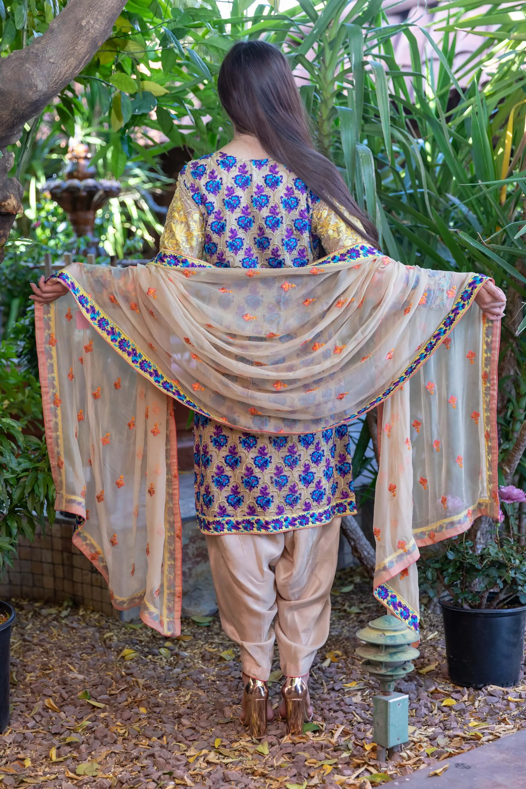 Peach-Yellow Embroidery Beige Suit with Silk Pants & Chiffon Dupatta