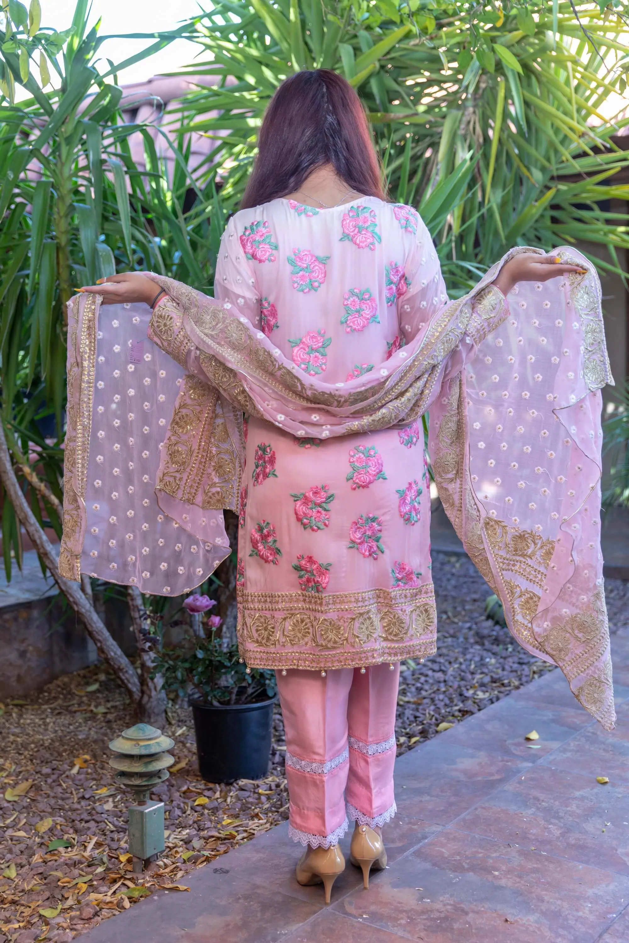 Pink Chiffon Embroidery Suit with Silk Pants and Embroidery Chiffon Shawl