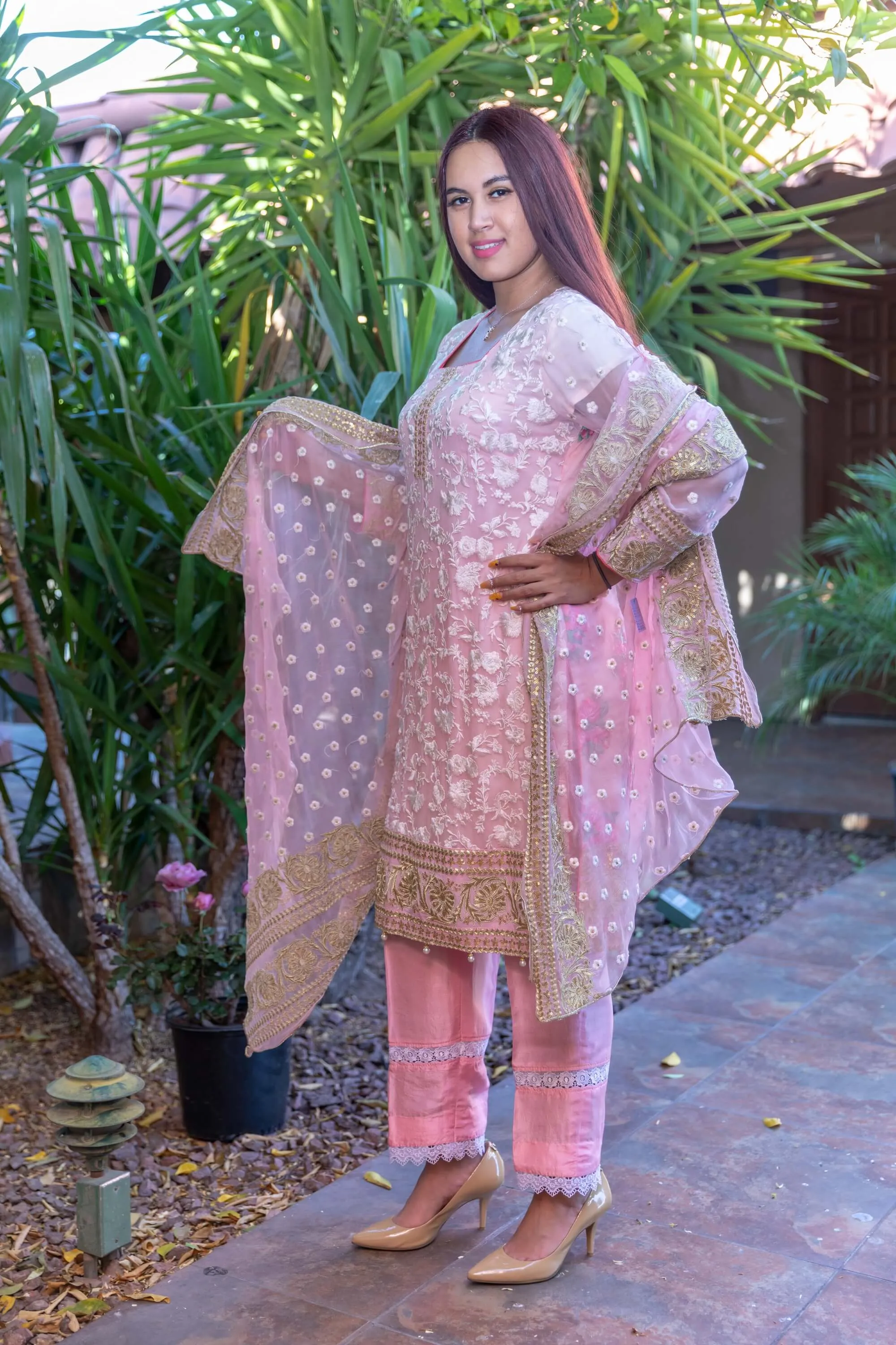 Pink Chiffon Embroidery Suit with Silk Pants and Embroidery Chiffon Shawl