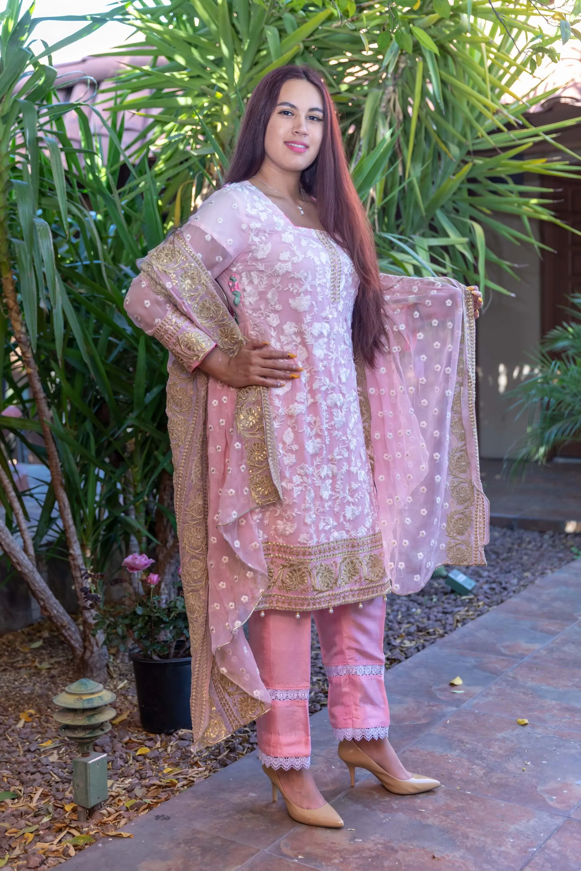 Pink Chiffon Embroidery Suit with Silk Pants and Embroidery Chiffon Shawl