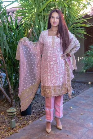 Pink Chiffon Embroidery Suit with Silk Pants and Embroidery Chiffon Shawl