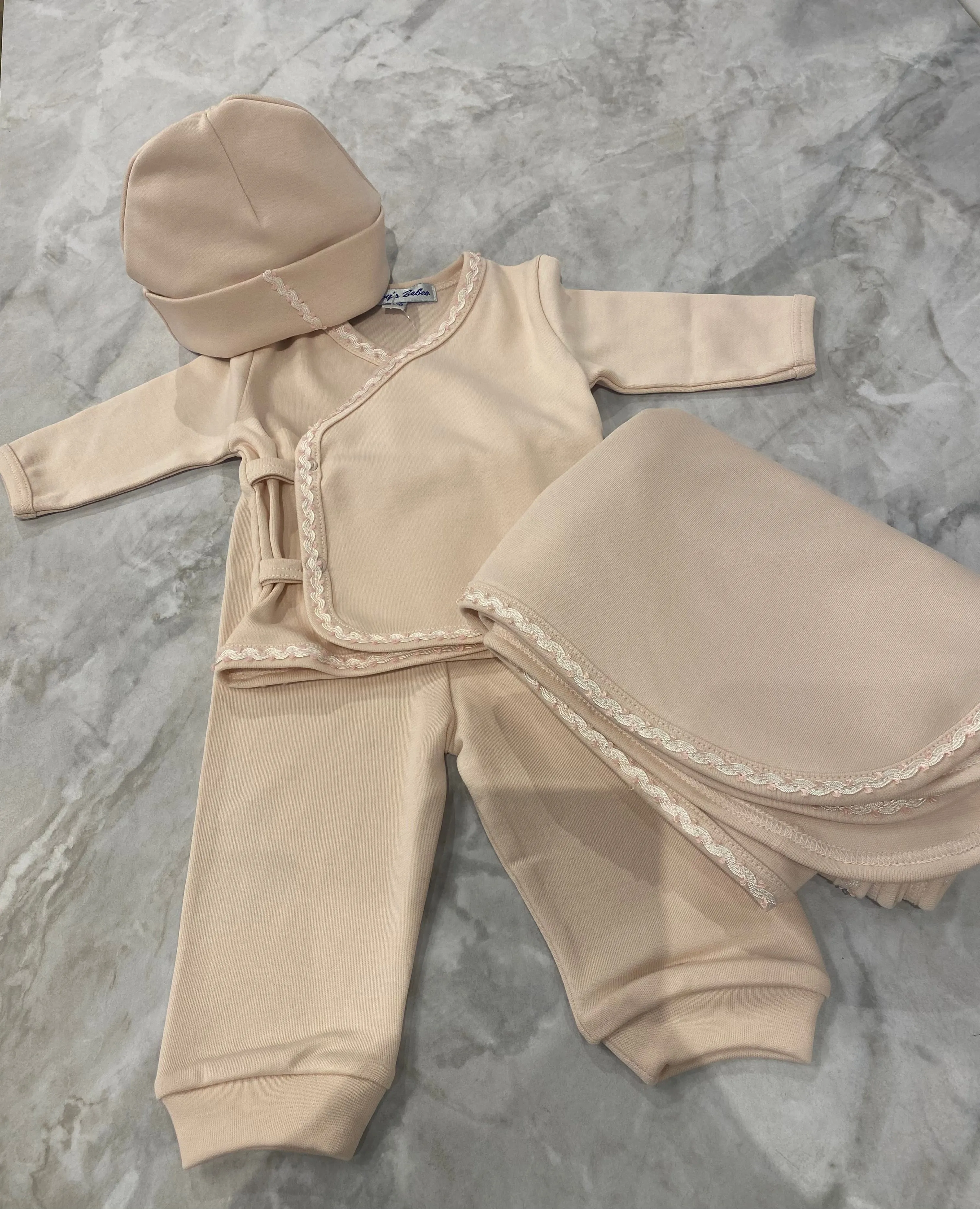 Pink Three Piece Set with White & Pink Weaved Trim