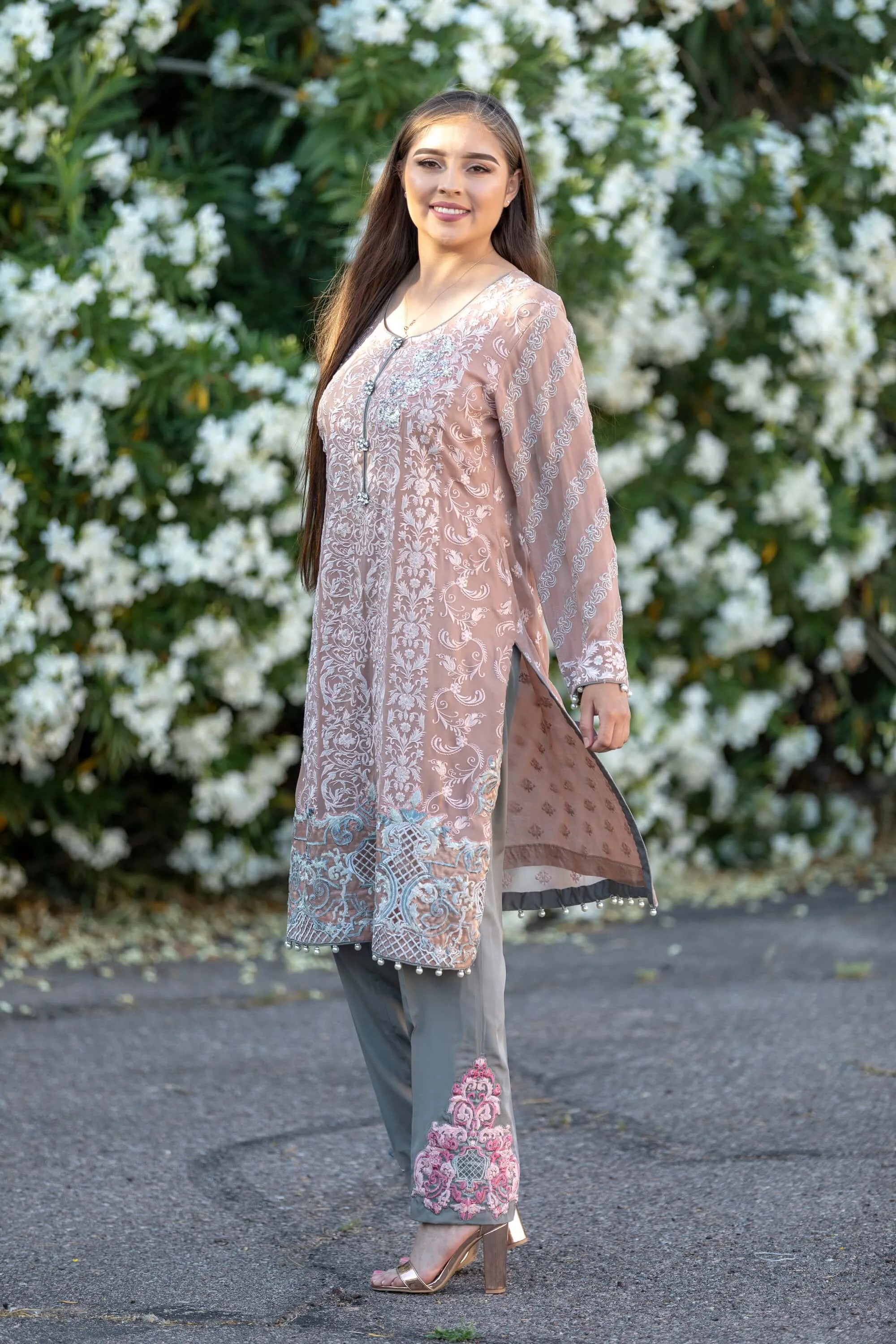 Pinkish Chiffon Embroidered Shirt With Silk Pants