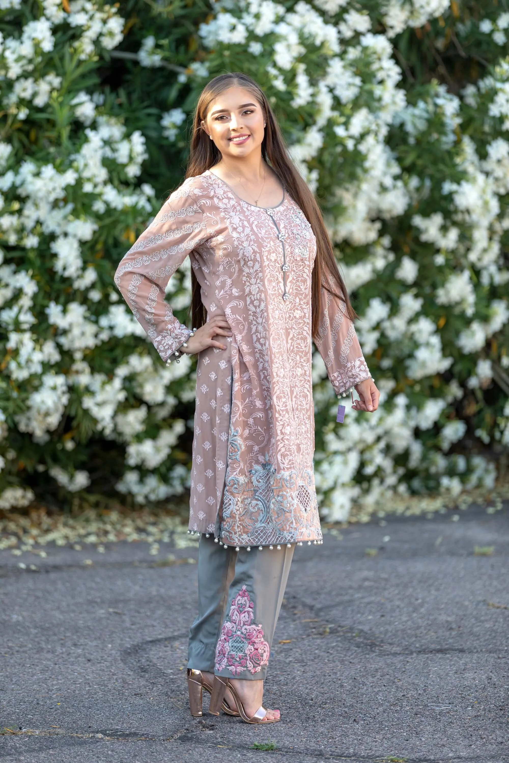 Pinkish Chiffon Embroidered Shirt With Silk Pants