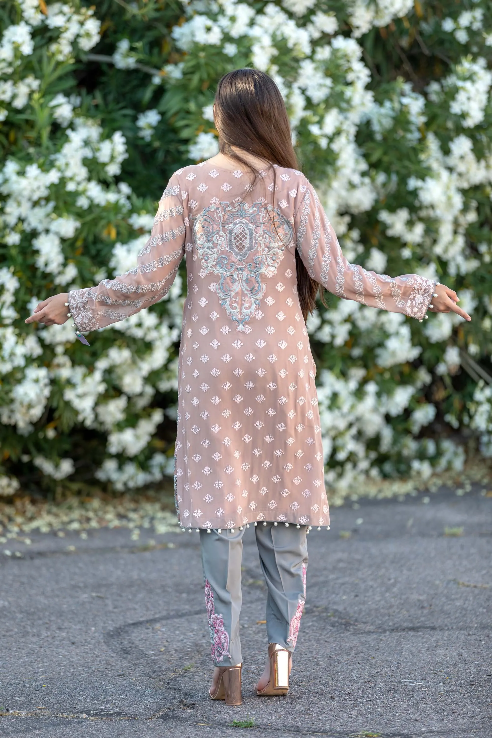 Pinkish Chiffon Embroidered Shirt With Silk Pants