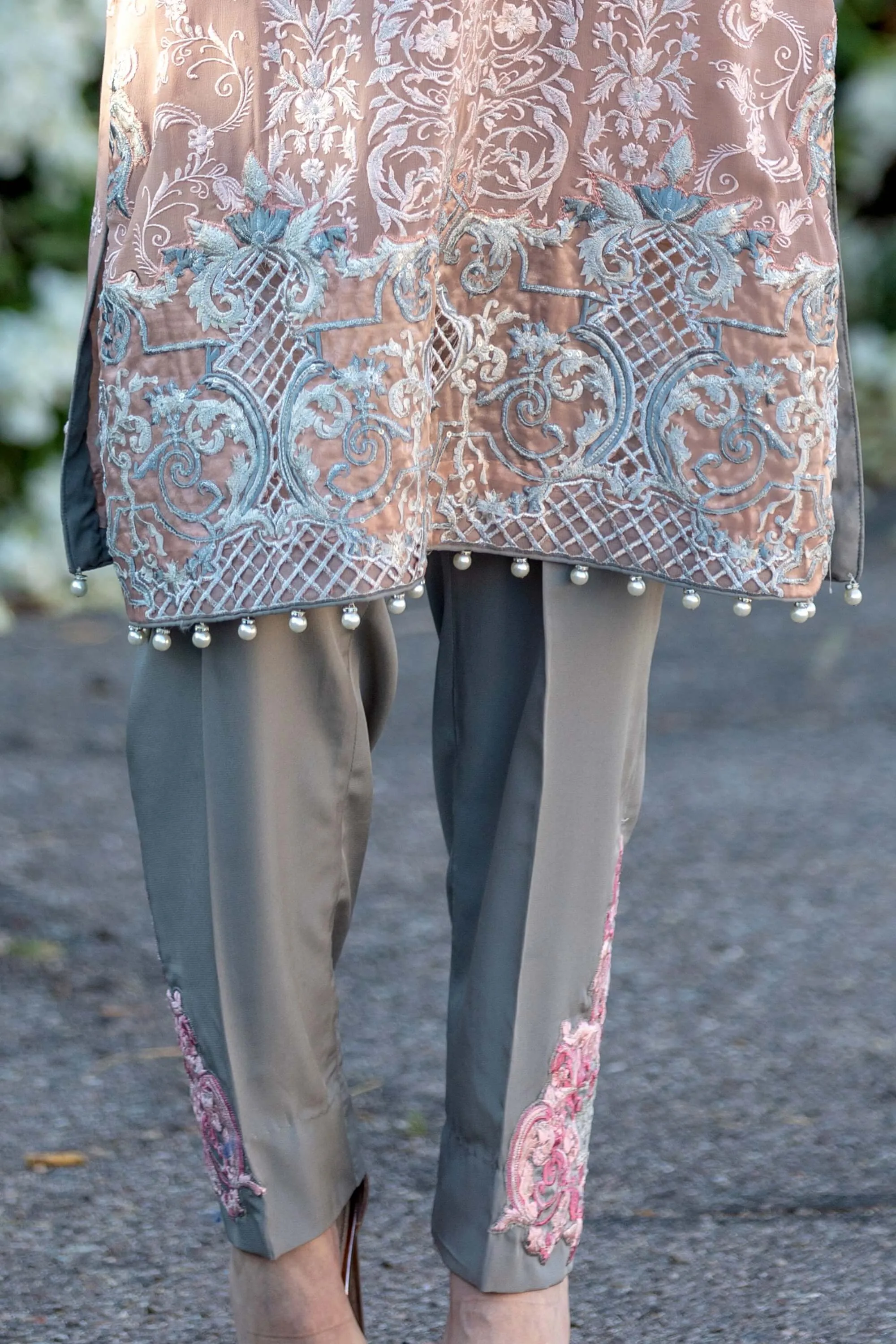 Pinkish Chiffon Embroidered Shirt With Silk Pants