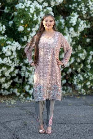Pinkish Chiffon Embroidered Shirt With Silk Pants