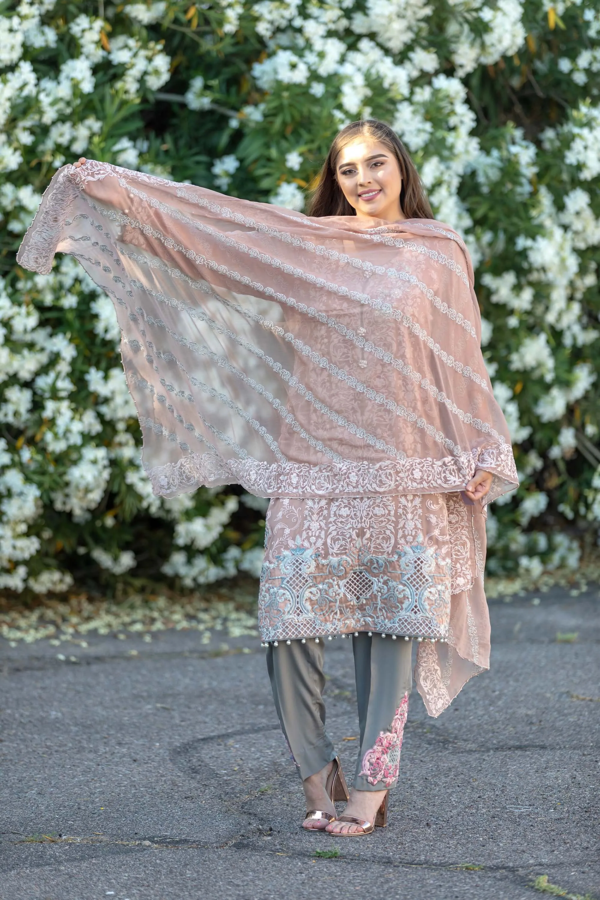 Pinkish Chiffon Embroidered Shirt With Silk Pants