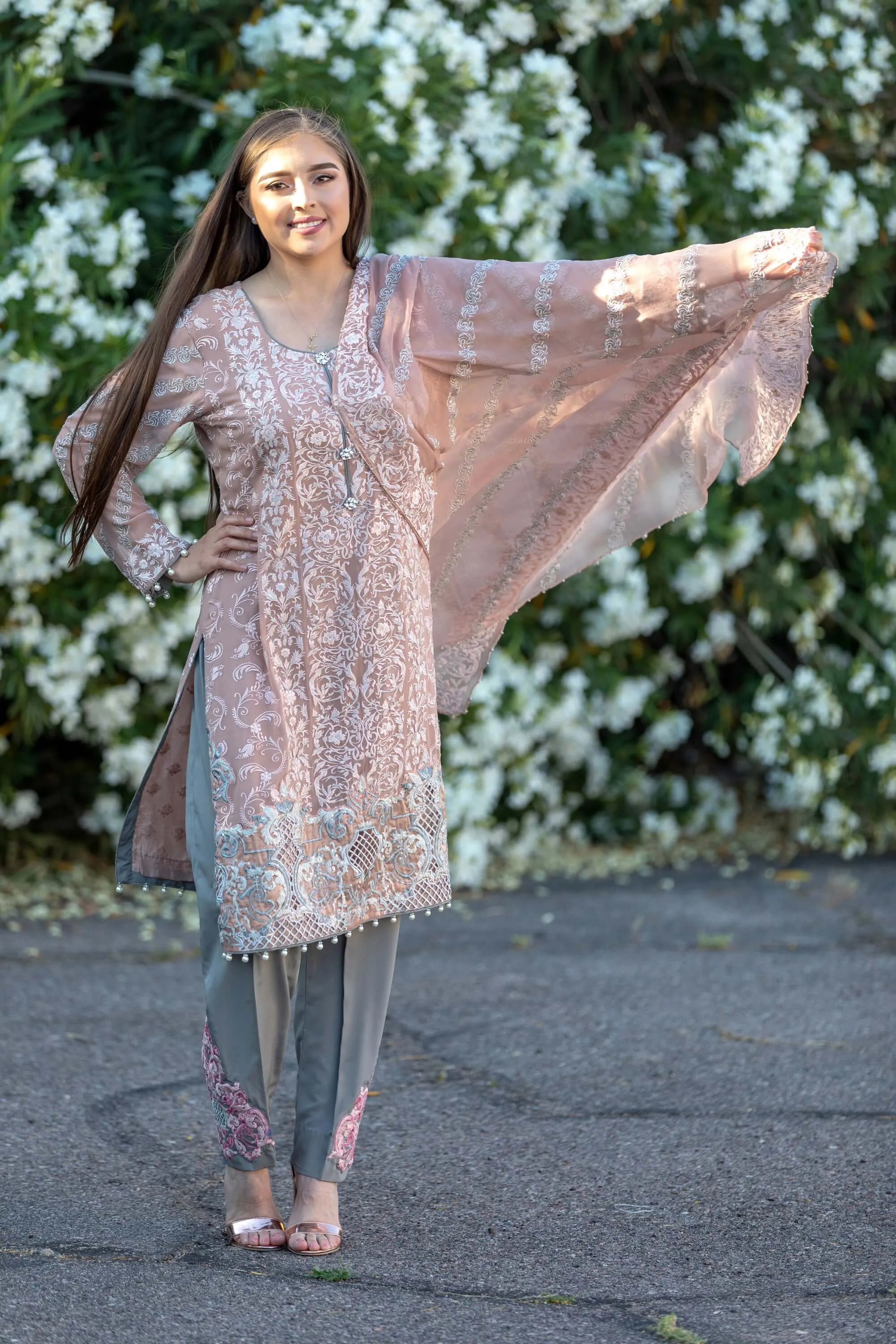 Pinkish Chiffon Embroidered Shirt With Silk Pants