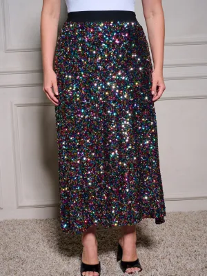 PLUS SIZE ELASTIC WAIST SEQUINS MAXI SKIRT