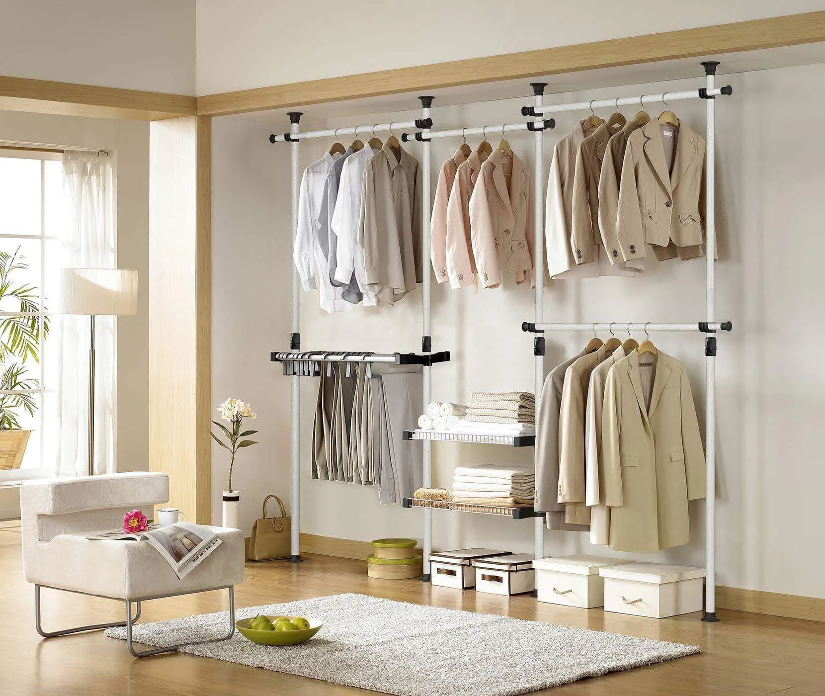 PRINCE HANGER, Deluxe Pants & Shelf Hanger, Holds 60kg(132LB) per horizontal bar, Heavy Duty, 32mm Vertical pole, Clothing Rack, Clothes Organizer, Pants Hanger, PHUS-0052