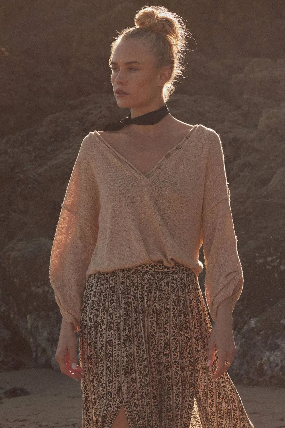 Promesa Lightweight Knit Oversized Roll-Up Henley Sweater Cream