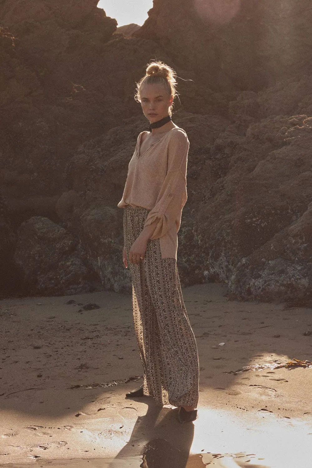 Promesa Lightweight Knit Oversized Roll-Up Henley Sweater Cream