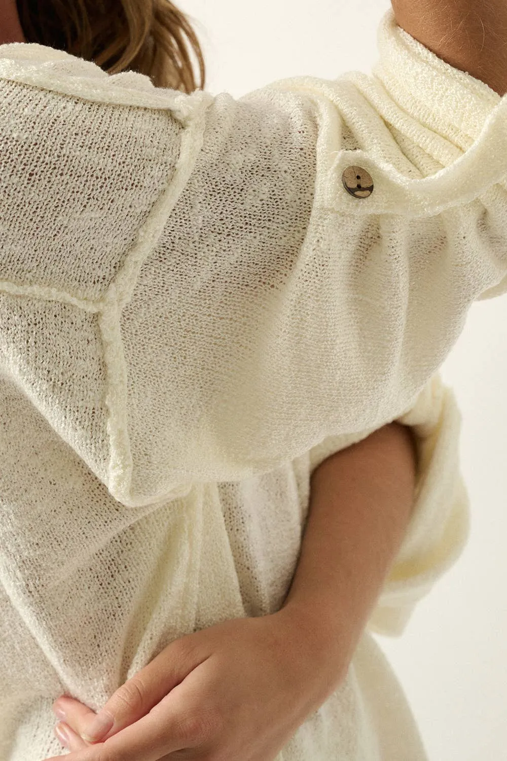 Promesa Lightweight Knit Oversized Roll-Up Henley Sweater Cream