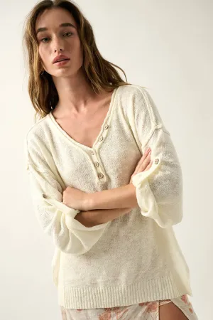 Promesa Lightweight Knit Oversized Roll-Up Henley Sweater Cream
