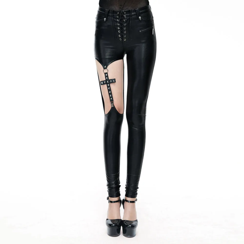 Punk Women Lace-up PU Leather Leggings Cross Design Hallow-out Black Pencil Pants Close-fitting Skinny Leggings Pants