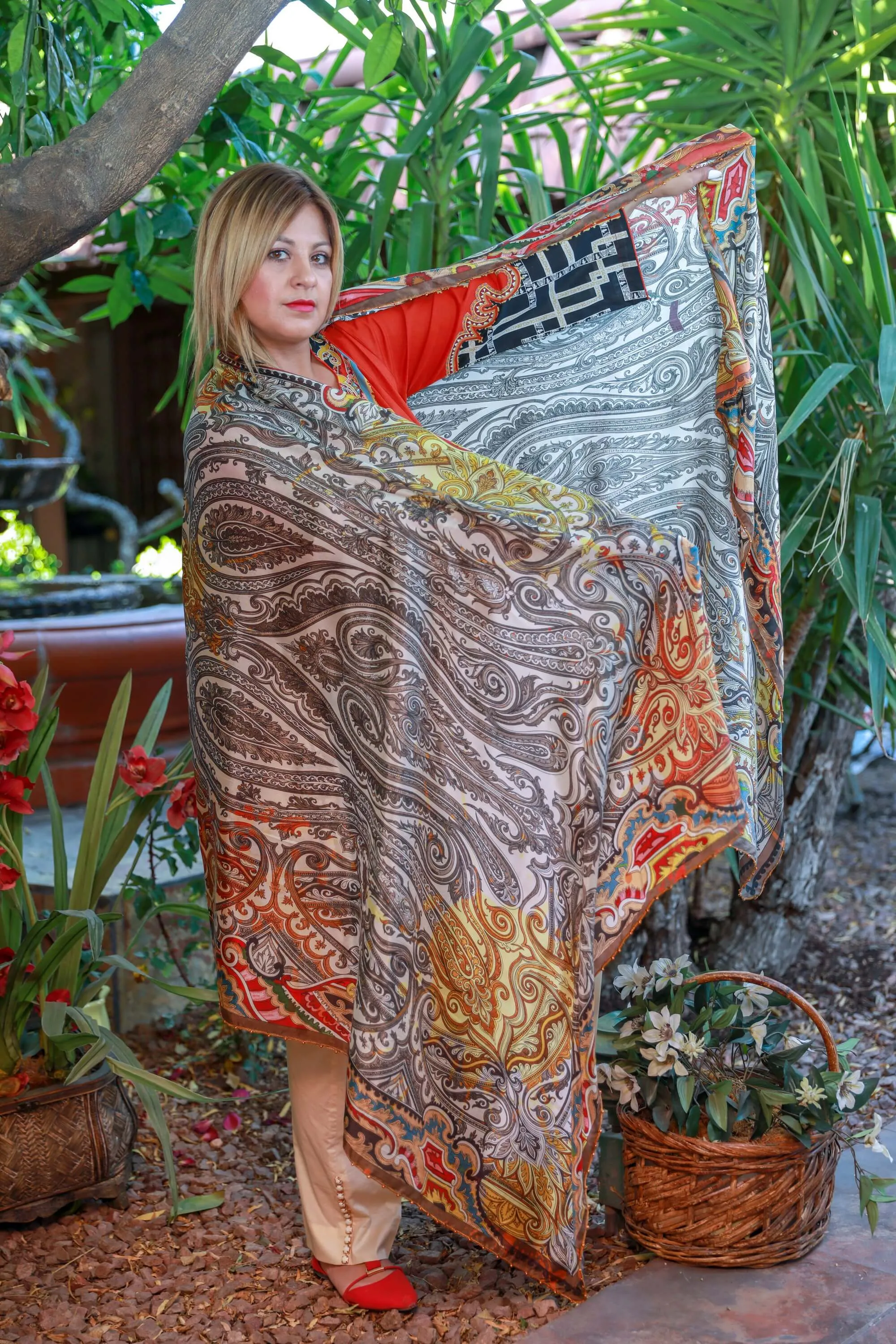 Red and Tan Cotton Suit by Elan