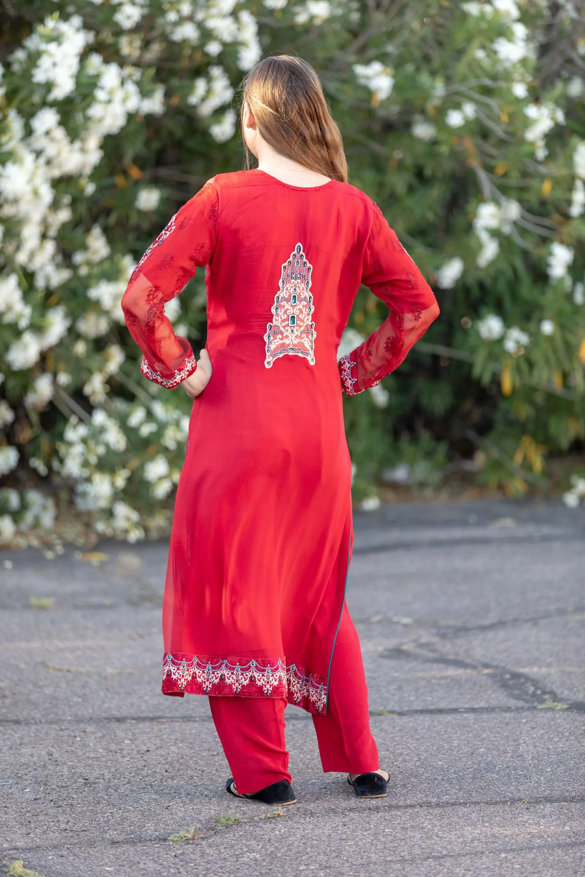 Red Chiffon Maria B. Suit