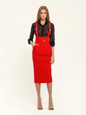 Red Office High Waist Solid Color Skirt with Pockets & Strap