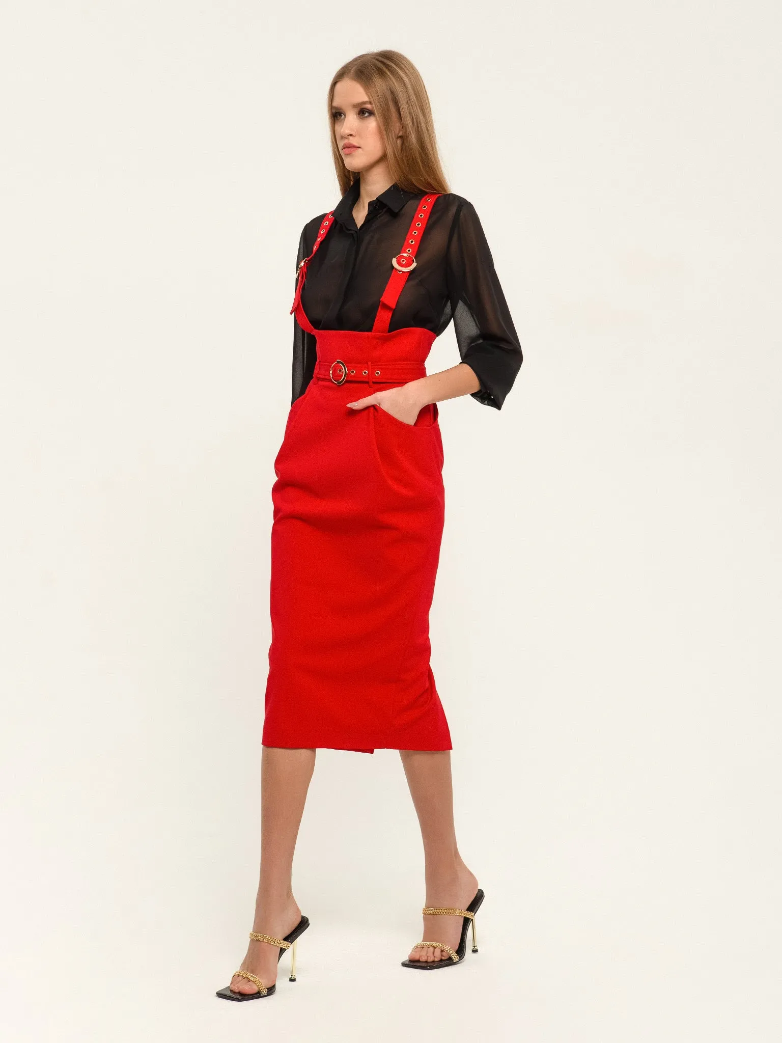 Red Office High Waist Solid Color Skirt with Pockets & Strap